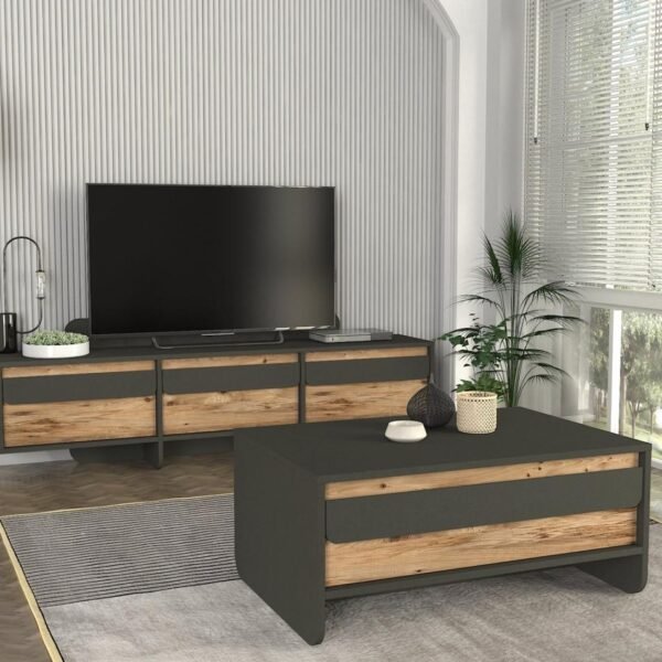 Meuble téléviseur gris beige et table basse avec rangements