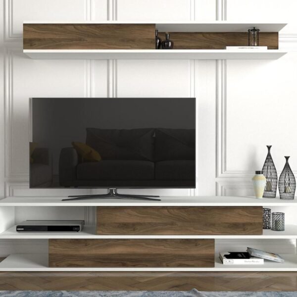 Meuble téléviseur beige blanc avec rangements
