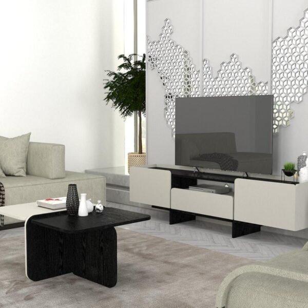 Meuble téléviseur gris noir et table basse avec rangements