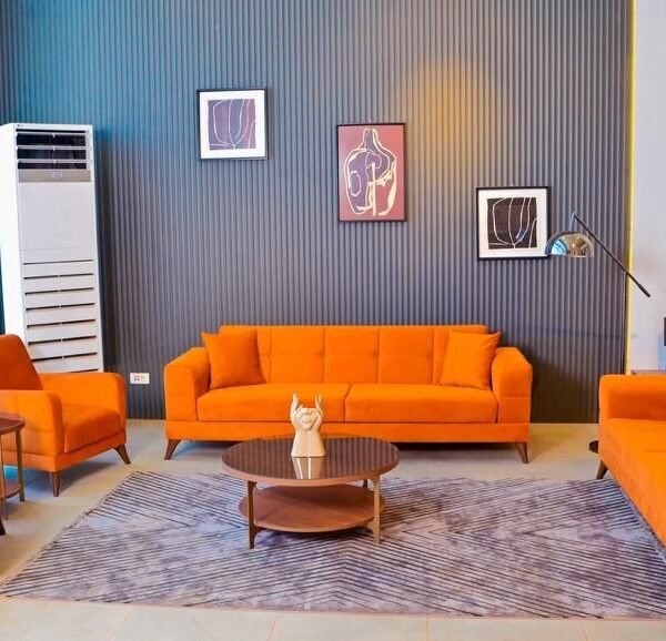Salon 7 places orange en daim importé