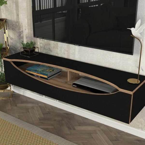 Meuble Téléviseur Noir Beige avec Rangement