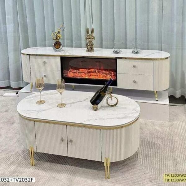Meuble Téléviseur à Cheminée Beige et Table Basse Marbrée