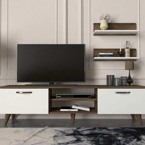 Meuble Téléviseur Blanc Marron avec Étagères T7807
