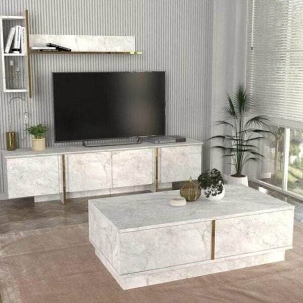 Meuble Téléviseur Beige et Table Basse avec Étagères T606-B605