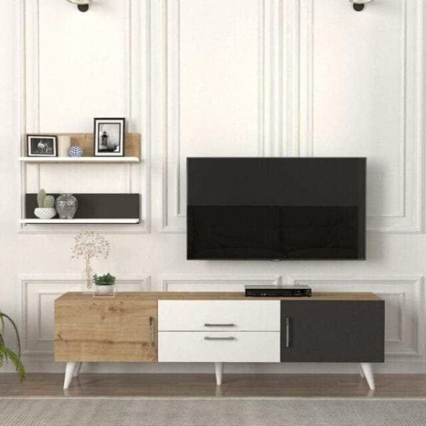 Meuble Téléviseur Blanc Beige avec Étagères T7807