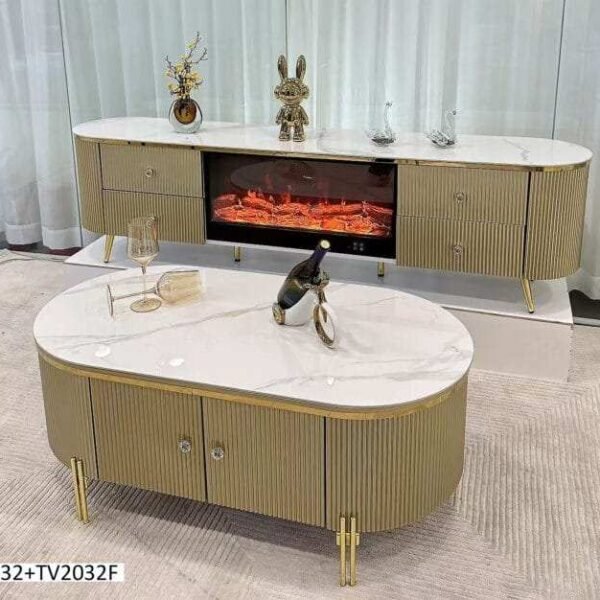Meuble Téléviseur à Cheminée Dorée et Table Basse Marbrée
