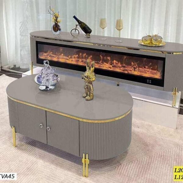 Meuble Téléviseur à Cheminée Gris et Table Basse Marbrée
