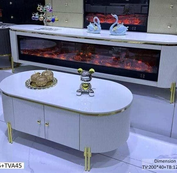 Meuble Téléviseur blanc à Cheminée et Table Basse Marbrée