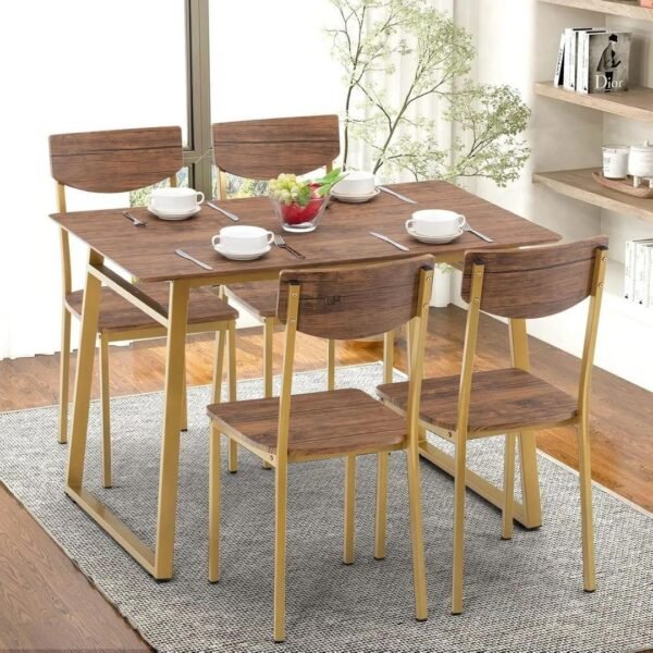 Table à Manger 4 Places en Bois et Fer Forgé Marron