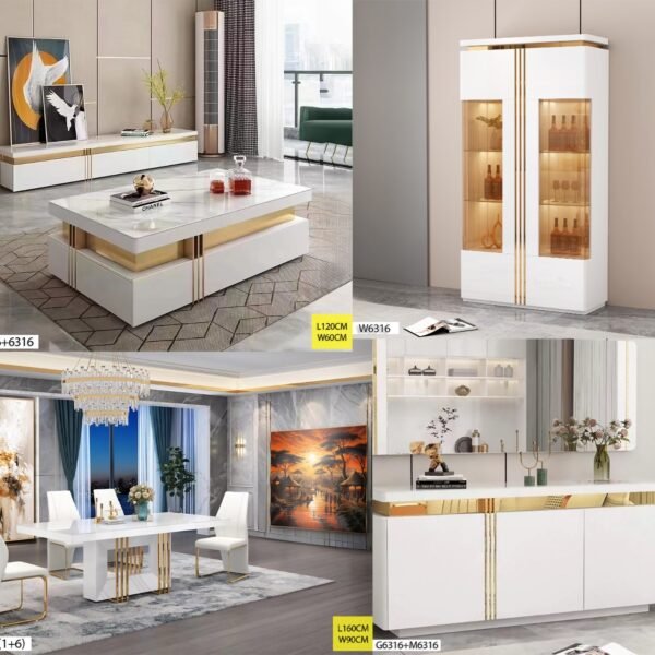 Ensemble Meuble Salon Complet Marbré Blanc Doré