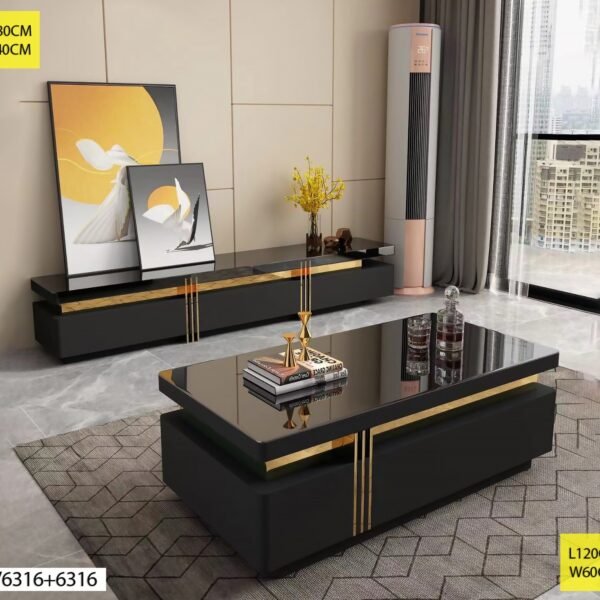 Ensemble Table Tv et Table Basse Noire Doré