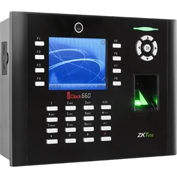 Pointeuse biométrique avancée avec écran couleur, empreintes, RFID et connectivité réseau.