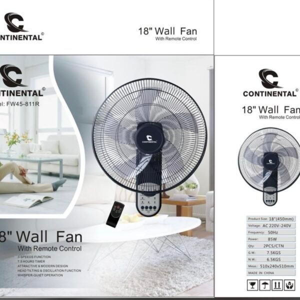 Ventilateur Continental Mural 18 " avec télécommande