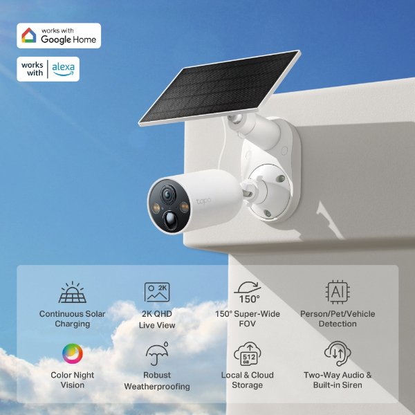 Kit Caméra extérieur sans fil 2K avec vision nocturne avancée et audio bidirectionnel + Panneau Solaire