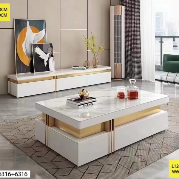 Ensemble Table Tv et Table Basse Blanc Doré