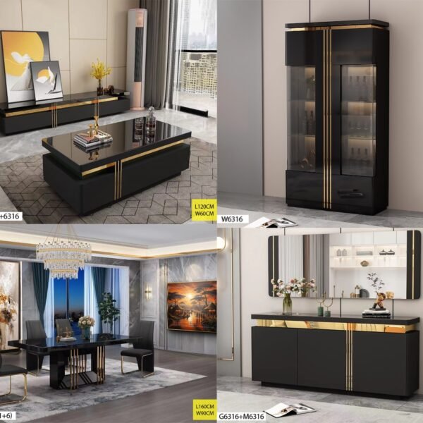 Ensemble Meuble Salon Complet Marbré Noire Doré