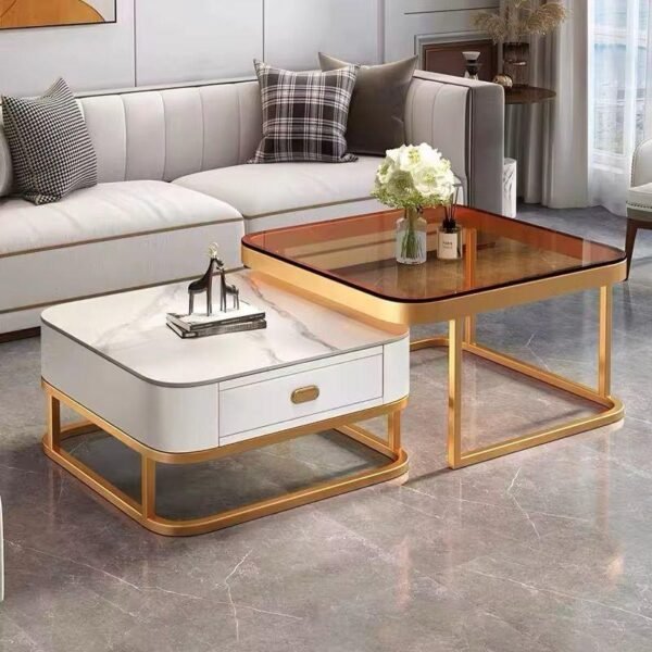 Table basse 2 Pièces en Verre et Marbre Blanc