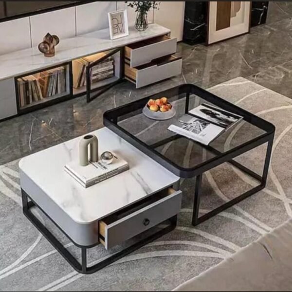 Table basse 2 Pièces en Verre et Marbre Gris Noire