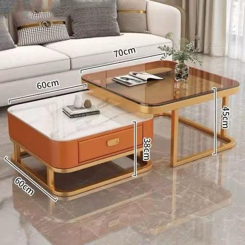 Table basse 2 Pièces en Verre et Marbre Blanc Orange
