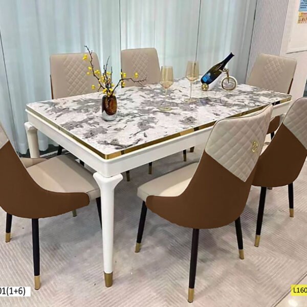 Table à Manger 6 Places en Marbre Marron Beige